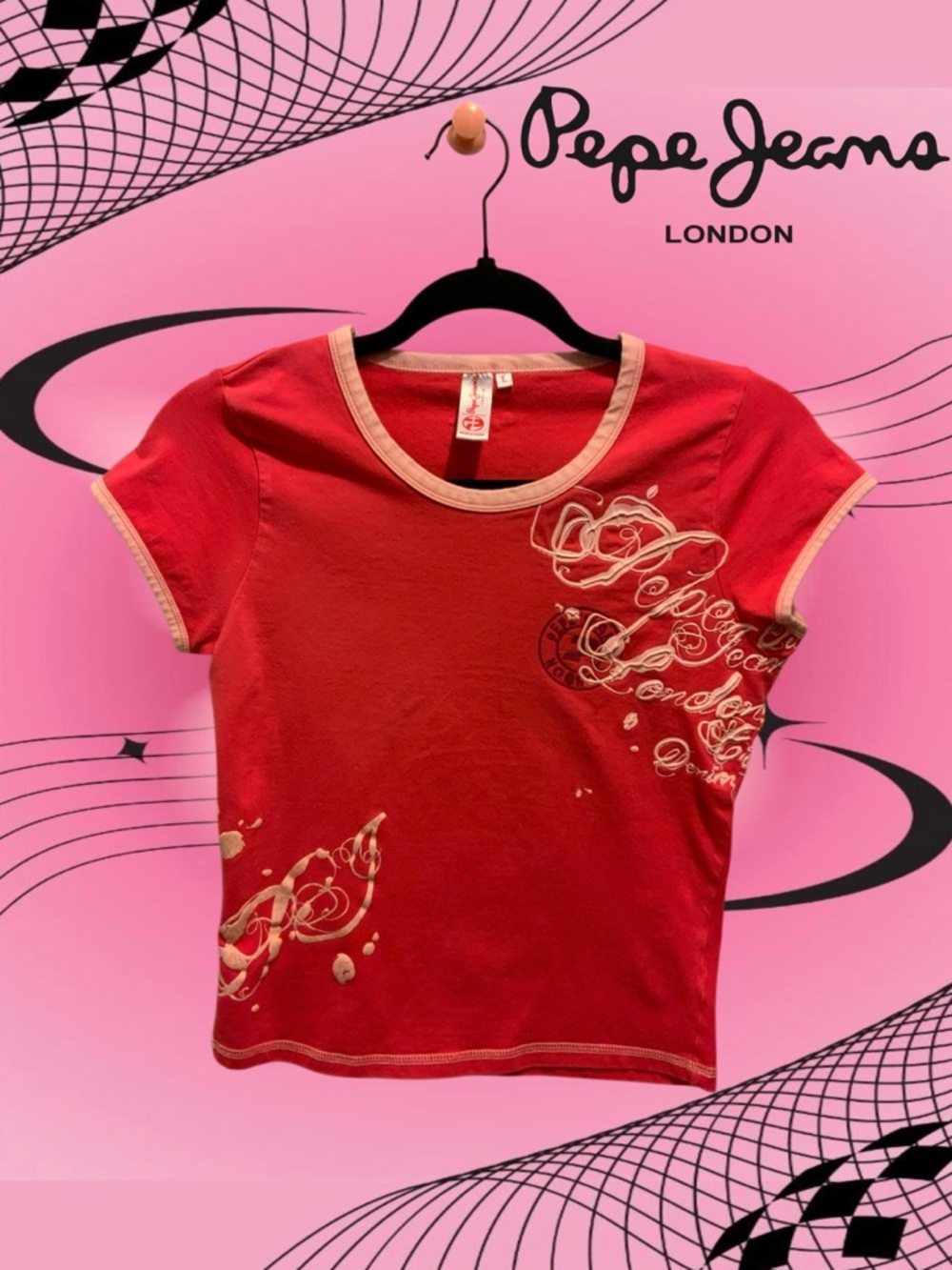 VTG PEPE JEANS LONDON Hot Pink Ringer Baby Tee w/Lt Pink 3D Graphics Size L Y2K